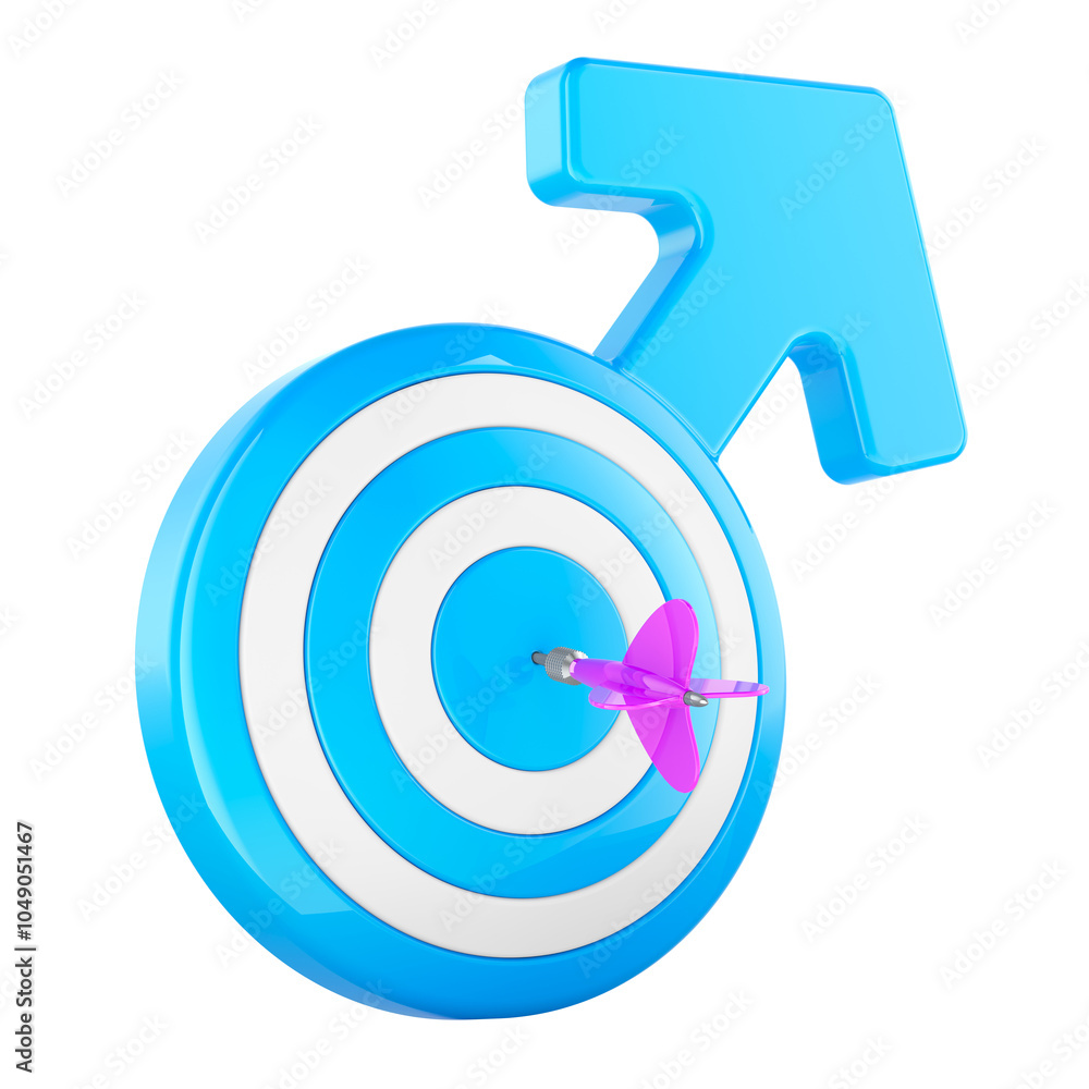 Poster male target with arrow in bullseye, 3d rendering isolated on transparent background