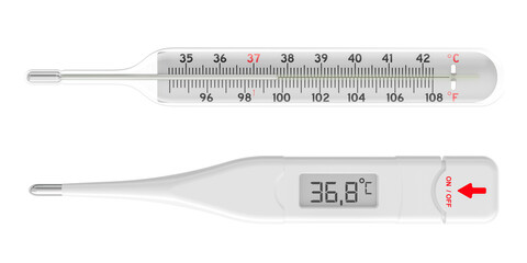 Mercury and digital thermometers. 3D rendering isolated on transparent background