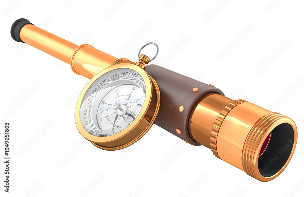 Poster solid brass handheld telescope with compass. 3d rendering isolated on transparent background