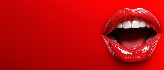 Fototapeta premium Close-up of a woman's red-lipped mouth against a red backdrop, featuring white teeth