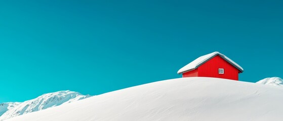  A red house atop a snow-covered hill beside a snow-capped mountain beneath a blue sky