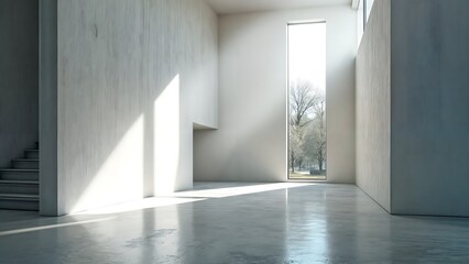Fototapeta premium Minimalist Modern Interior with High Ceilings and Large Window View
