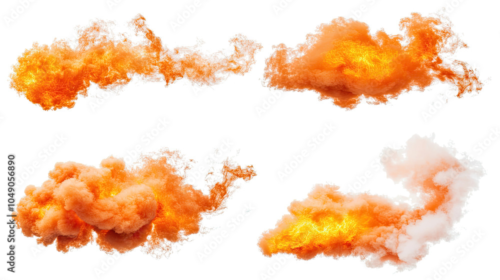 Poster dynamic flame clouds in various shapes on a transparent background generative ai
