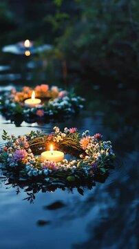 Floating candles in floral wreaths on tranquil water