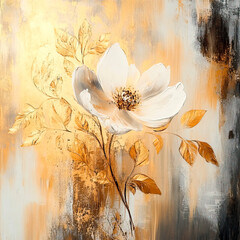 Oil painting of white flowers on a beige background, soft palette knife strokes in neutral tones.