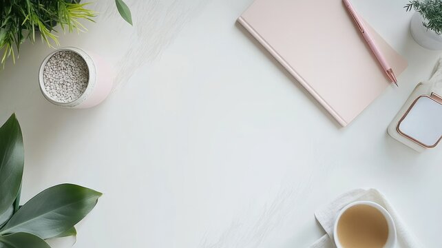 Minimalist workspace with notebook, plant, and coffee on white surface