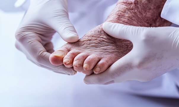 Close-up of a doctor's hands in white gloves examining a diabetic foot of an elderly patient with dry skin.