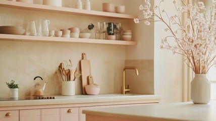 Modern kitchen with light pink decor and organized open shelves