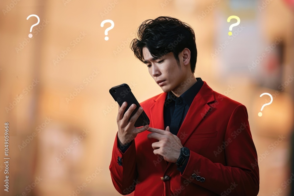 Poster Man in a red jacket is looking at his cell phone. He is pointing at something on the screen. Concept of curiosity and interest as the man is focused on his phone