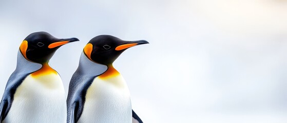 Fototapeta premium Two penguins standing side by side on a blue-white field Sky in background