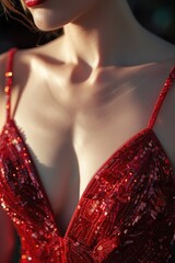 Woman is wearing a red dress with sequins and a red bra. The dress is red and has a lot of sparkles