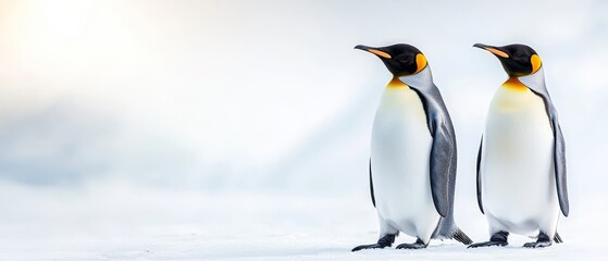 Fototapeta premium A pair of penguins standing close by on a snowy ground beneath a light blue sky