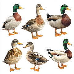 Diverse group of ducks featuring various colors and patterns, showcasing their unique characteristics and vibrant plumage. These ducks are depicted in lively and engaging manner