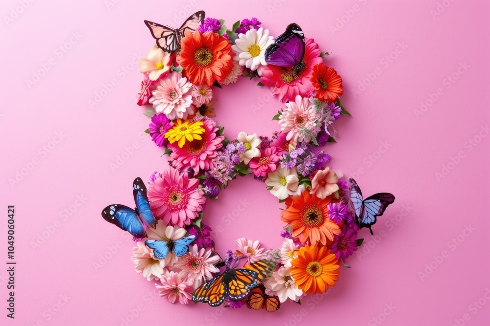 Poster the image is a creative and colorful representation of the number 8 using flowers and butterflies. t