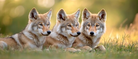  Three wolves sit in the grass, eyes alert One gazes at the camera