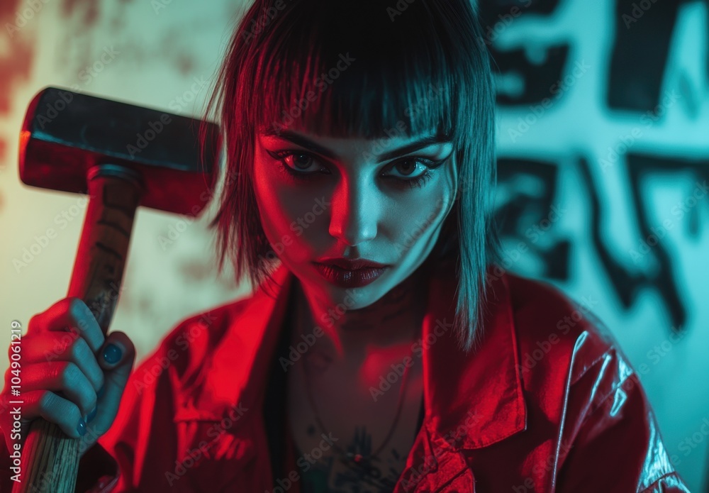 Wall mural beautiful punk woman with short hair holding hammer, wearing red and white leather jacket, dark make