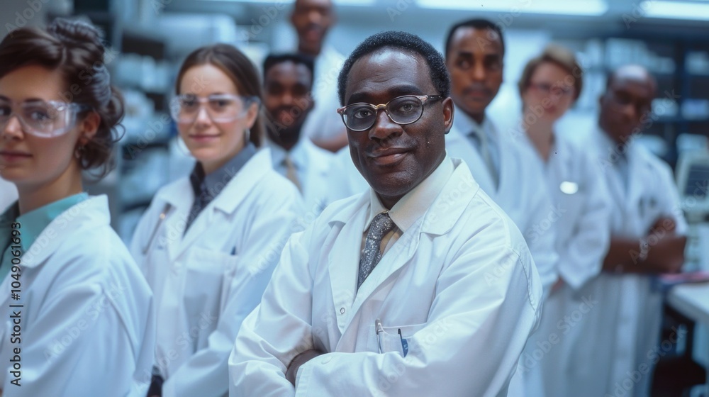 Poster group of scientists are standing together in a lab. one of them is wearing a tie. the group appears 