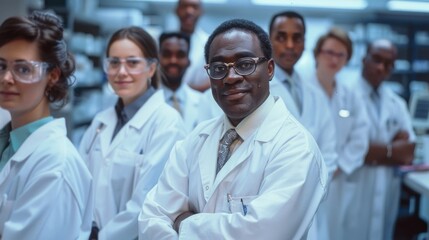 Fototapeta premium Group of scientists are standing together in a lab. One of them is wearing a tie. The group appears to be posing for a photo