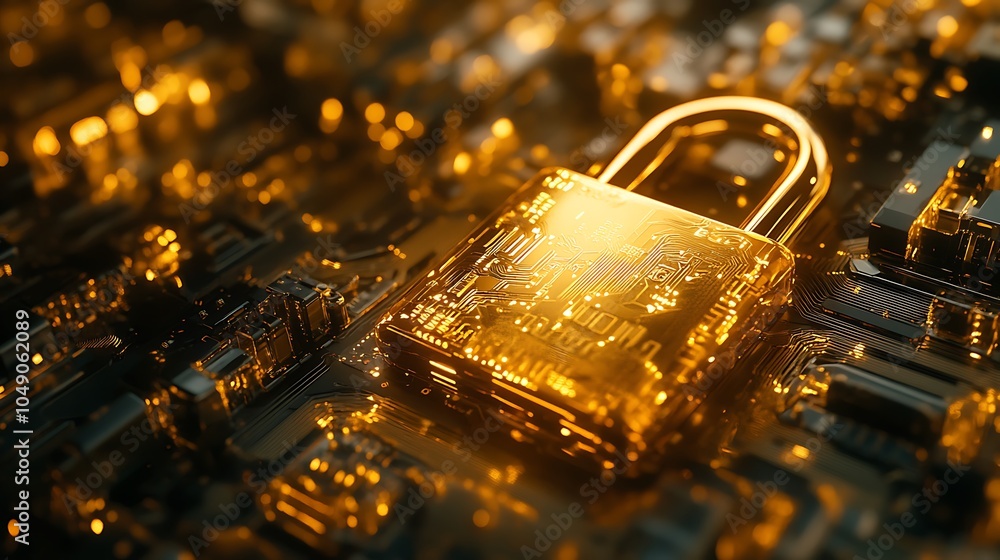 Wall mural A golden padlock sits on a circuit board, representing cybersecurity and data protection.