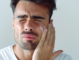 Obraz premium Man with a white shirt is applying makeup to his face. He has a serious expression on his face