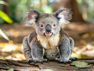 Naklejka premium Koala is sitting on a log in the woods. The koala has a big, curious look on its face