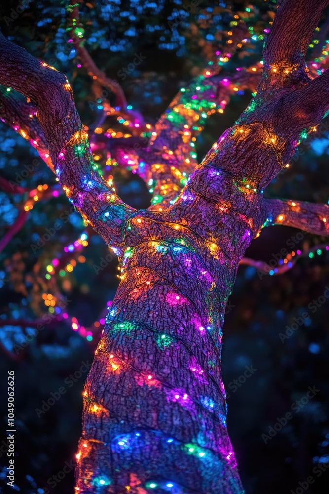 Poster Tree is lit up with colorful lights. The lights are strung along the tree and are of different colors. The tree is lit up at night, creating a festive and joyful atmosphere