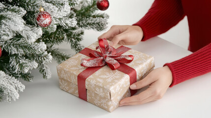 Close-up of hands decorating a beautifully wrapped christmas gift beneath a festive tree