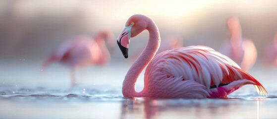 Naklejka premium A tight shot of a flamingo in a water body, surrounded by numerous flamingos in the background