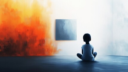 Obraz premium A child sits on the floor facing a painting in a room with a fire background.