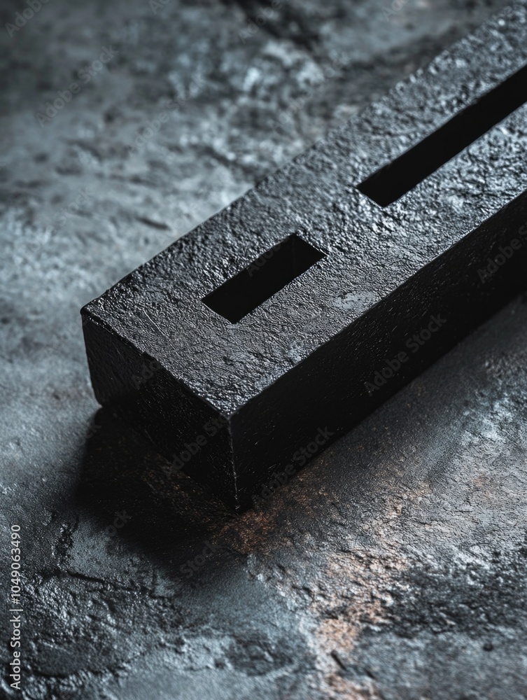 Poster black object with holes in it is sitting on a grey surface. the object appears to be a piece of meta