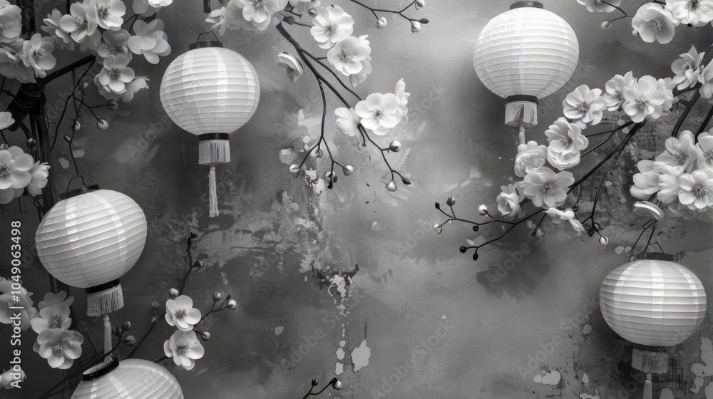 Poster wall with a large number of white lanterns hanging from it. the lanterns are arranged in a way that 