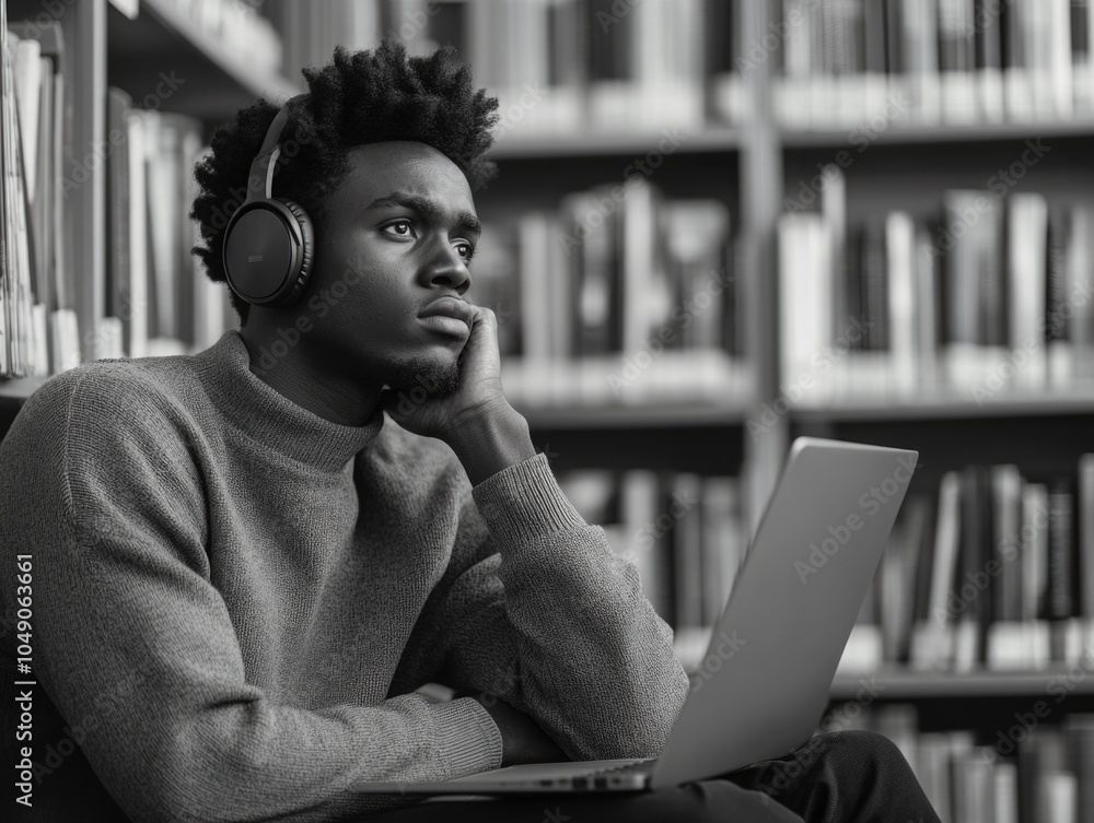 Aufkleber man wearing headphones is sitting in a library with a laptop open. he is deep in thought, possibly w