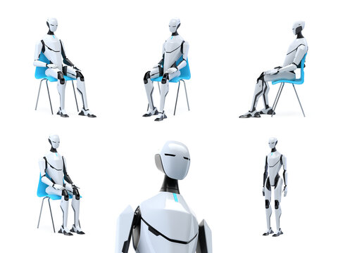 Robot Sitting on Chair Artificial Intelligence 3D Realistic Concept isolated on alpha transparent background