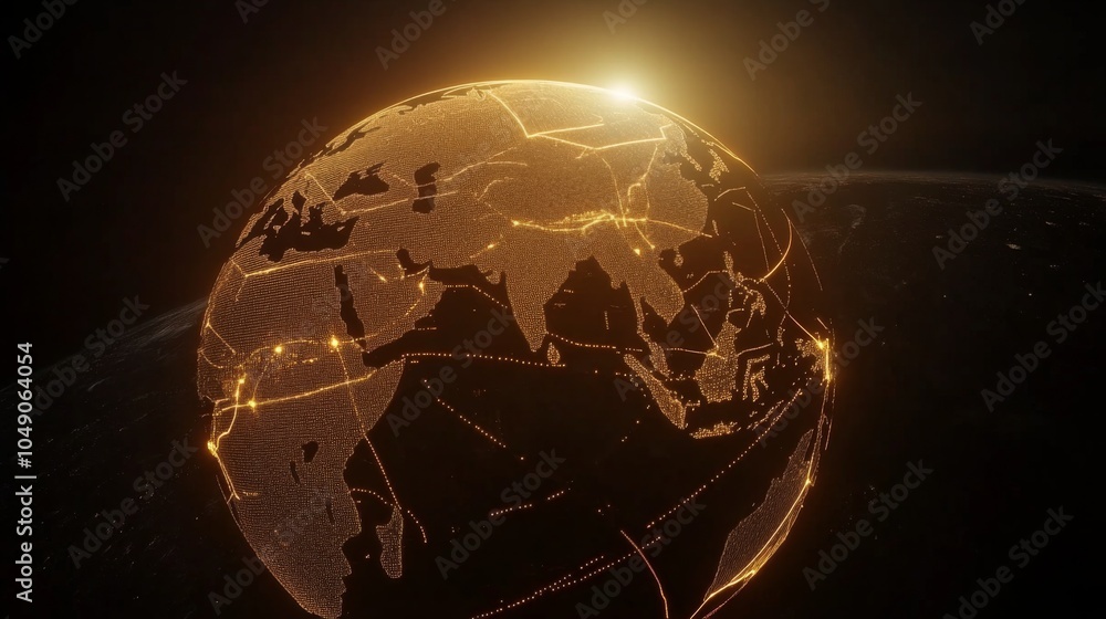 Poster a digital representation of the earth, showing connected lines of light emanating from the globe.