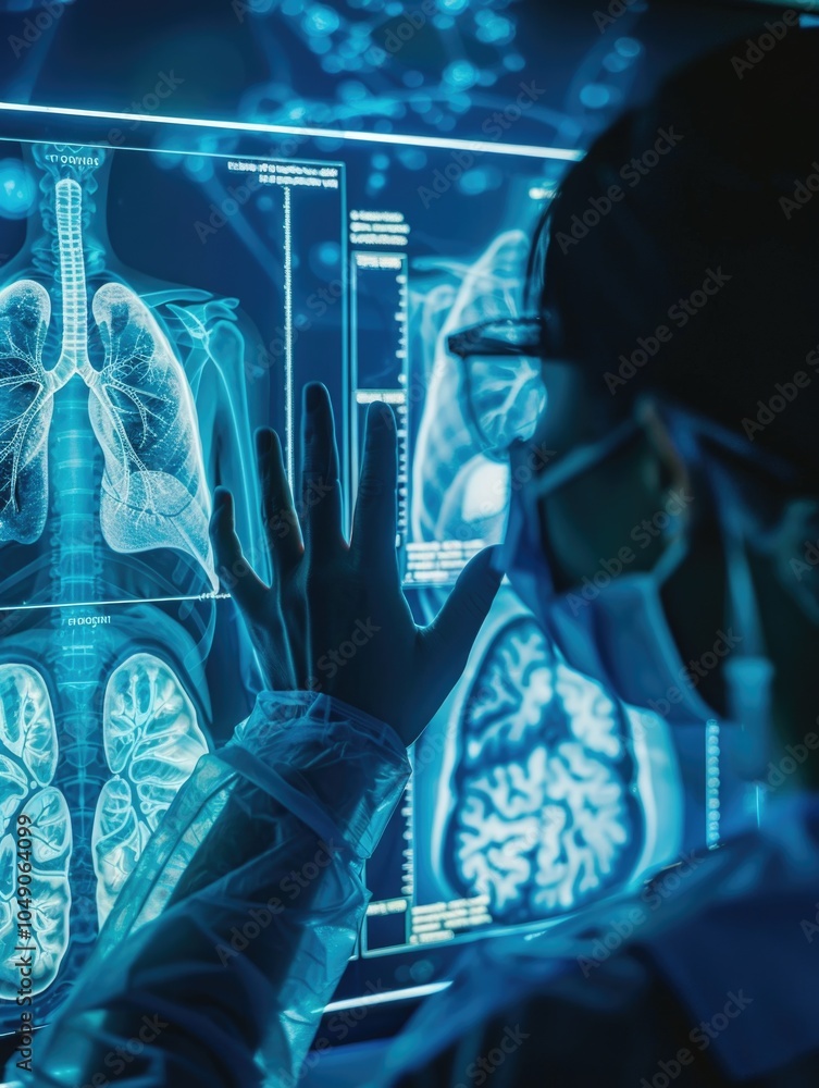 Poster doctor is looking at a computer screen with a lung on it. the lung is in a blue color
