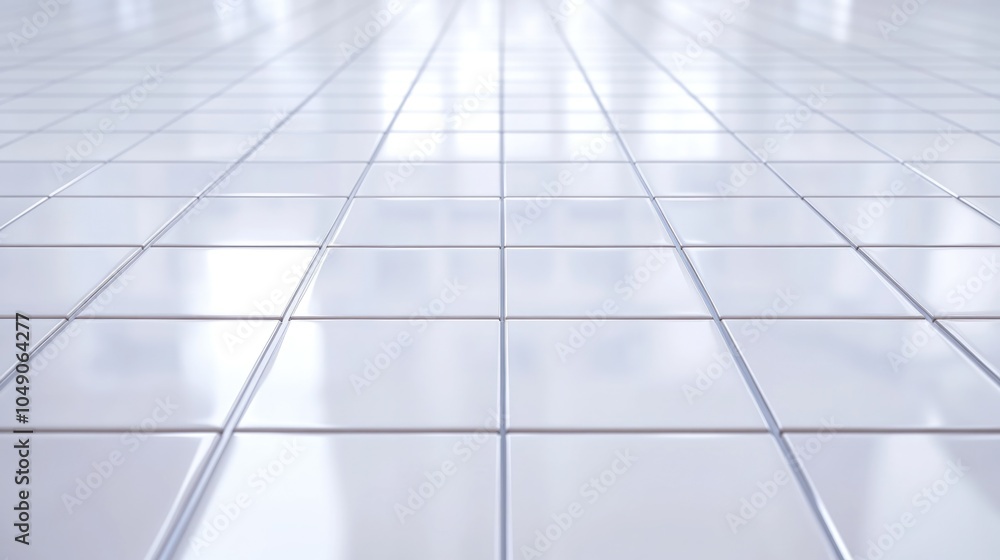 Poster white tiled floor with a lot of empty space. the tiles are square and the floor is very clean