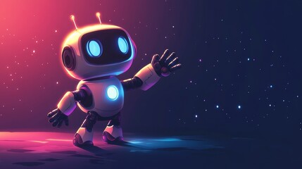 Naklejka premium A friendly, white robot with glowing blue eyes stands on a dark, neon-lit stage, raising its hand in greeting.