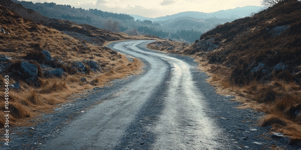 Poster road with a curve in the middle of a desert. the road is empty and the sky is cloudy