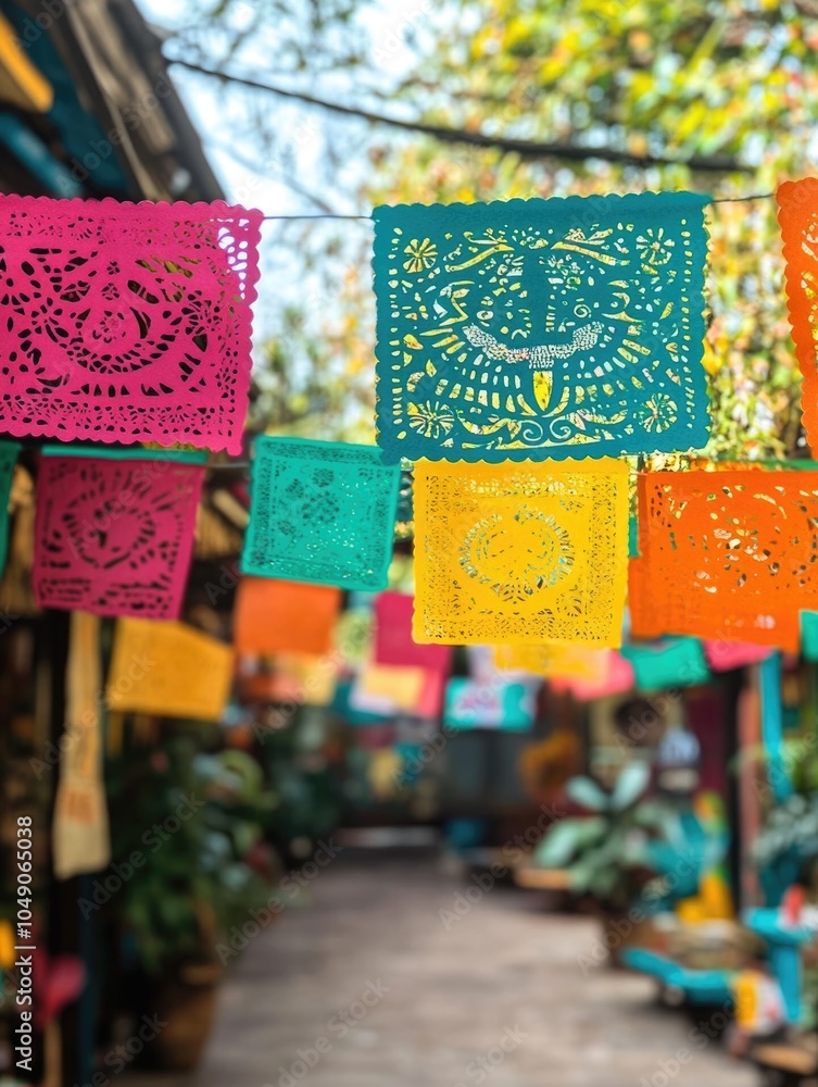 Poster colorful display of paper lanterns hangs from a building. the lanterns are of different colors and s