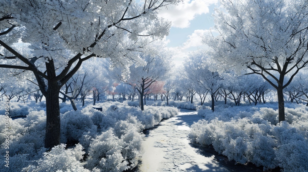 Poster snowy forest with a path through it. the trees are bare and the snow is deep