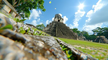 Ancient Mayan temple ruins under a bright sun at Tikal National Park in Guatemala