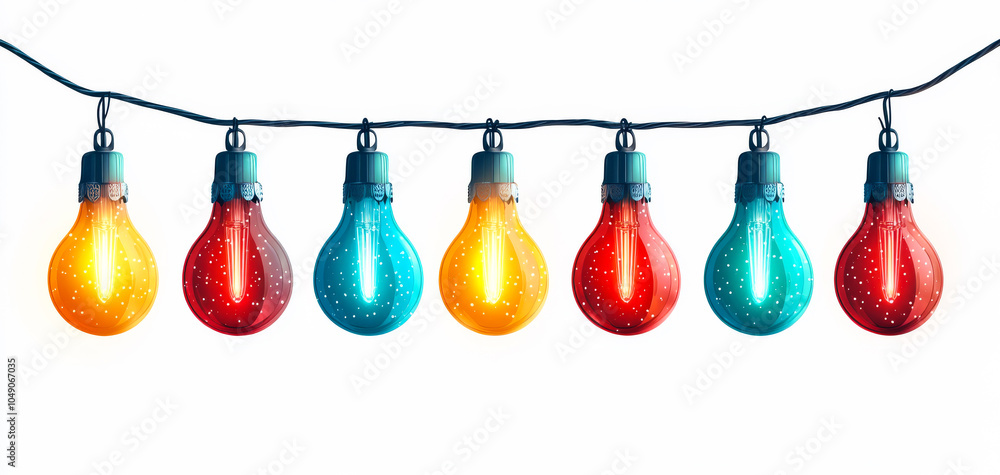 Poster a string of colorful light bulbs hanging from a wire. the bulbs are of different colors and sizes, c