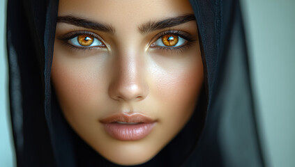 Naklejka premium A woman with brown eyes and a black scarf on her head. She has a very nice smile