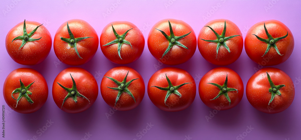 Poster a row of red tomatoes are arranged in a line. concept of abundance and freshness, as the tomatoes ar