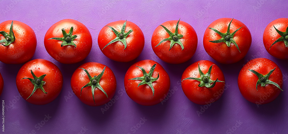 Poster a row of red tomatoes on a purple background. the tomatoes are all different sizes and are arranged 