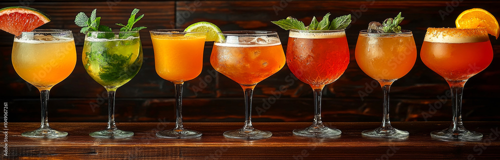 Aufkleber a row of glasses with different colored drinks in them. the drinks are in various shapes and sizes, 
