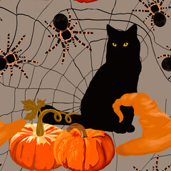 Halloween seamless pattern with cat and pumpkin