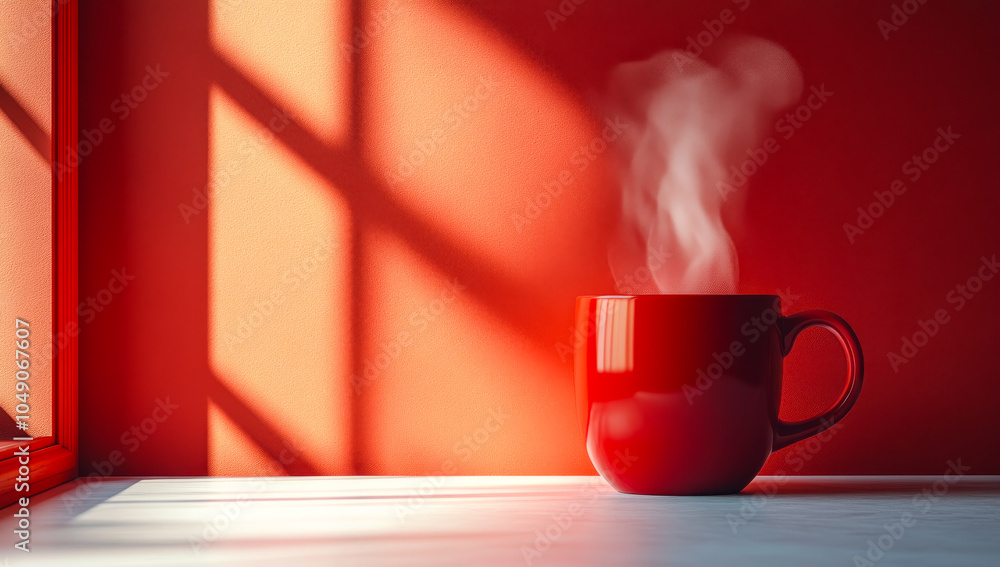 Poster a red coffee cup sits on a table in front of a window, with steam rising from the cup. the sunlight 