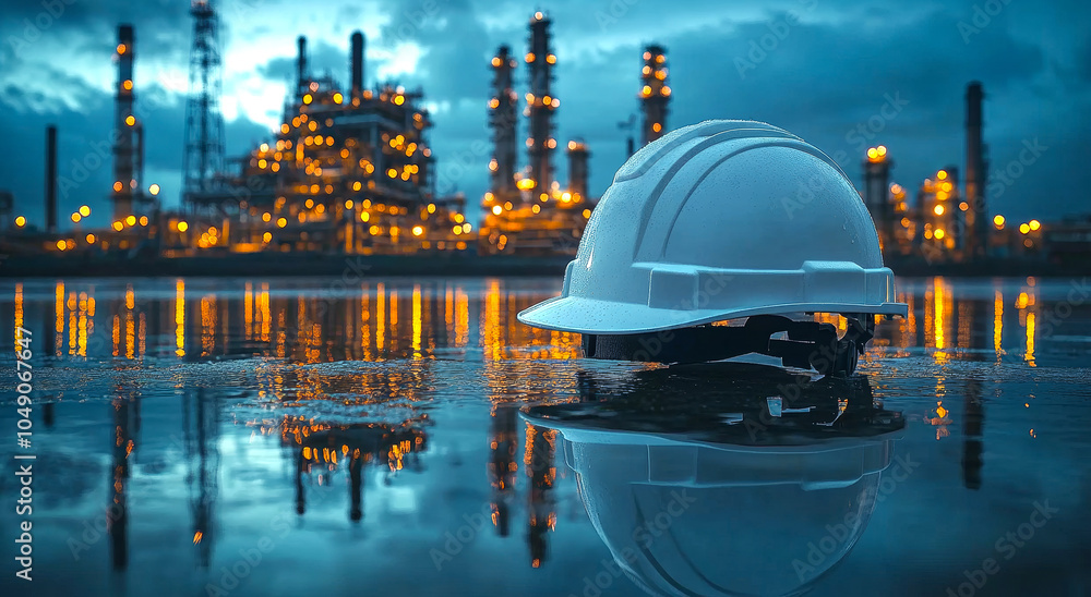 Poster a white hard hat is floating in a body of water. the scene is set in a city with a large industrial 