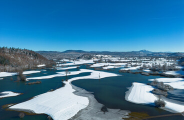 Aerial photo of Planinsko Polje (Planina Field) in winter - a typical karst polje in Dinaric karst,...